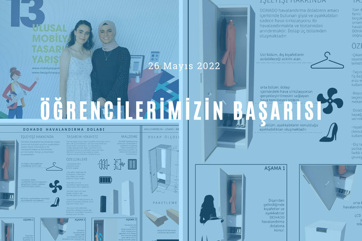 Ticaret Bakanlığı koordinatörlüğü, Türkiye İhracatçılar Meclisi işbirliği ve Orta Anadolu İhracatçı Birlikleri’nin organizatörlüğü ile düzenlenen 13. Ulusal Mobilya Tasarım Yarışması’nda; Bölümümüz öğrencilerinden Büşra Nur TORUN ve Bensu URUÇ “DOHADO” isimli tasarımlarıyla 1032 tasarım arasından Ev Mobilyaları Ön Lisans-Lisans Öğrencileri kategorisinde finale kalmıştır.